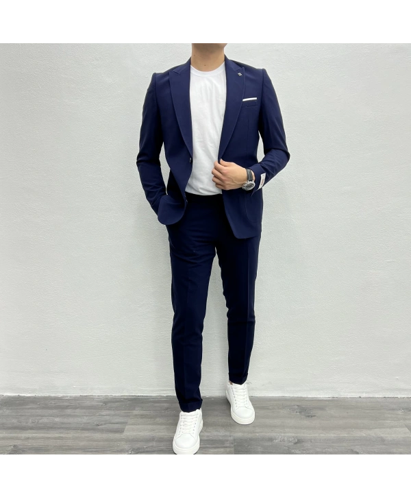 Erkek Dar Kesim Krınkıl Kumaş Spor Takım Elbise - Lacivert