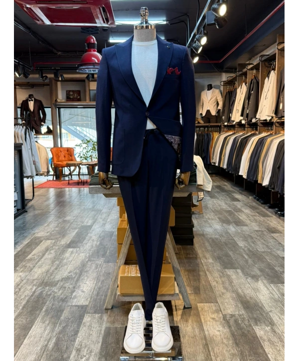 Erkek Dar Kesim Krınkıl Kumaş Spor Takım Elbise -Lacivert