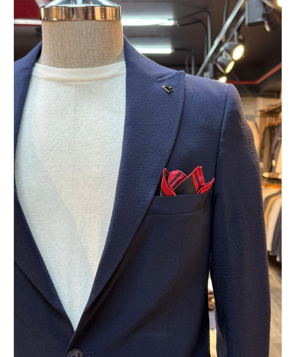 Erkek Dar Kesim Krınkıl Kumaş Spor Takım Elbise -Lacivert