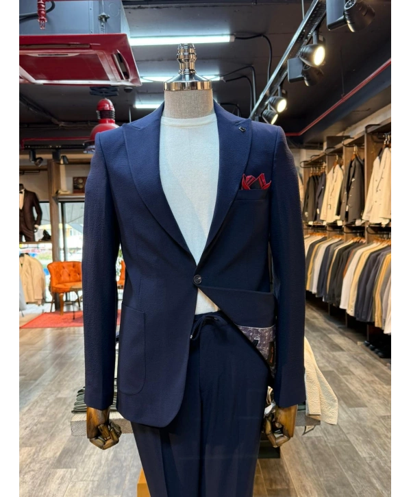 Erkek Dar Kesim Krınkıl Kumaş Spor Takım Elbise -Lacivert