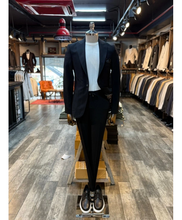 Erkek Dar Kesim Krınkıl Kumaş Spor Takım Elbise - Siyah