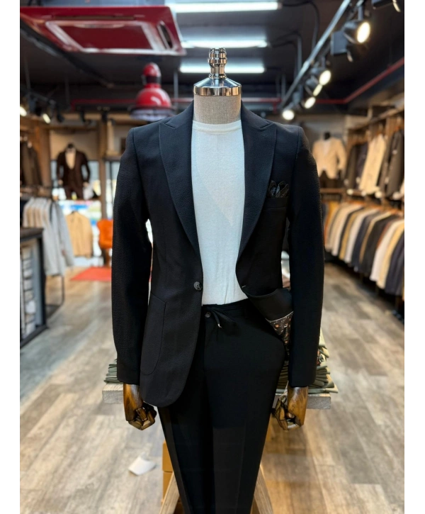 Erkek Dar Kesim Krınkıl Kumaş Spor Takım Elbise - Siyah