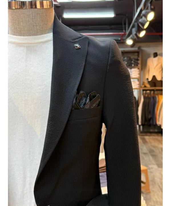 Erkek Dar Kesim Krınkıl Kumaş Spor Takım Elbise - Siyah