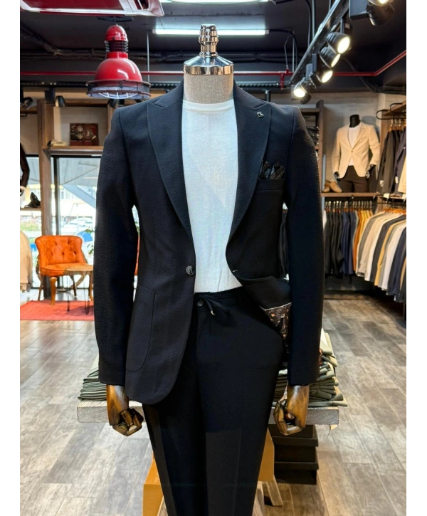 Erkek Dar Kesim Krınkıl Kumaş Spor Takım Elbise - Siyah