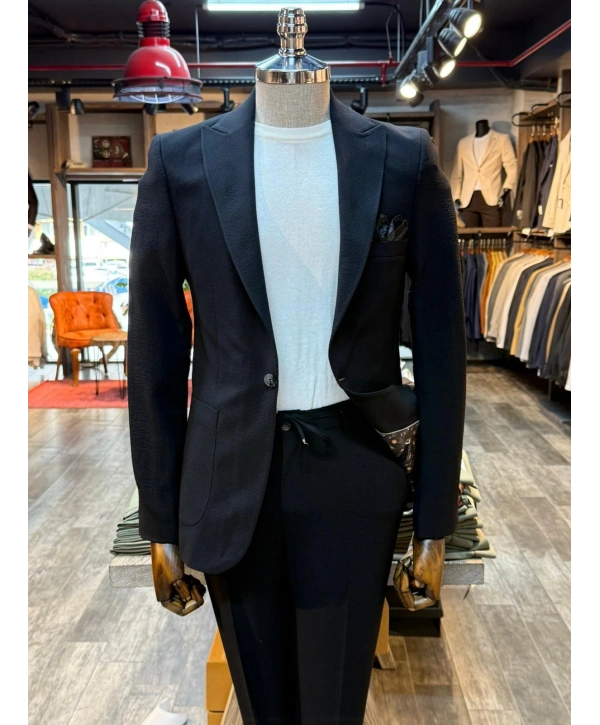 Erkek Dar Kesim Krınkıl Kumaş Spor Takım Elbise - Siyah