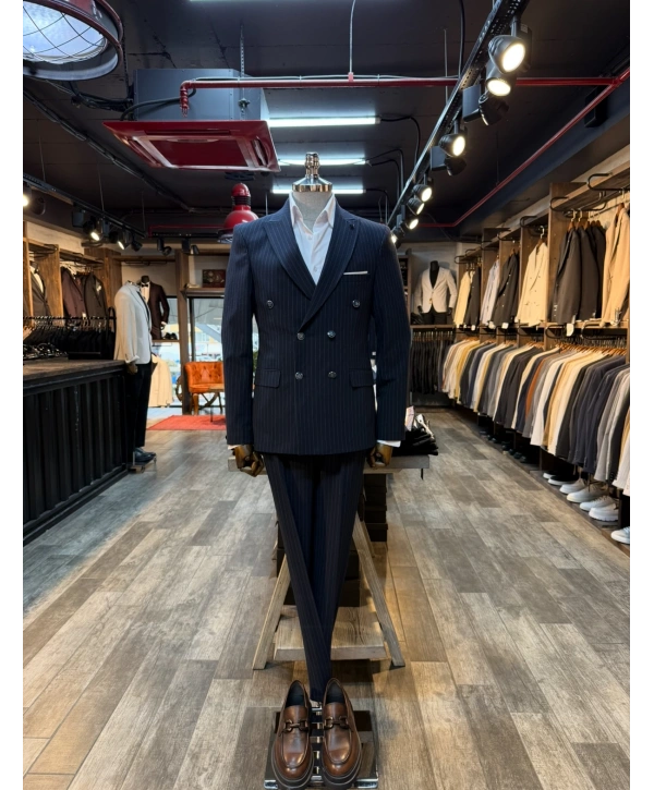 Erkek Dar Kesim Kruvaze Çizgili Takım Elbise - Lacivert