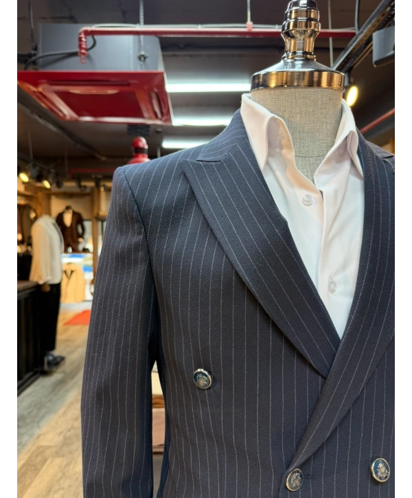 Erkek Dar Kesim Kruvaze Çizgili Takım Elbise - Lacivert
