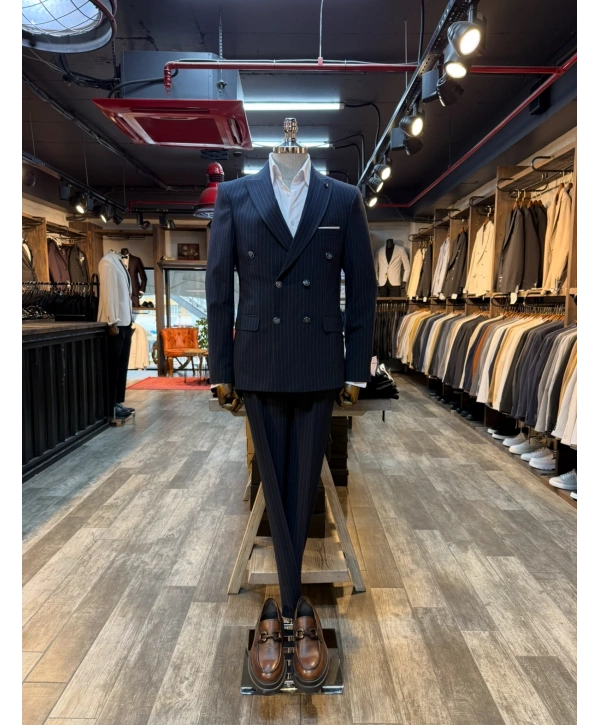 Erkek Dar Kesim Kruvaze Çizgili Takım Elbise - Lacivert