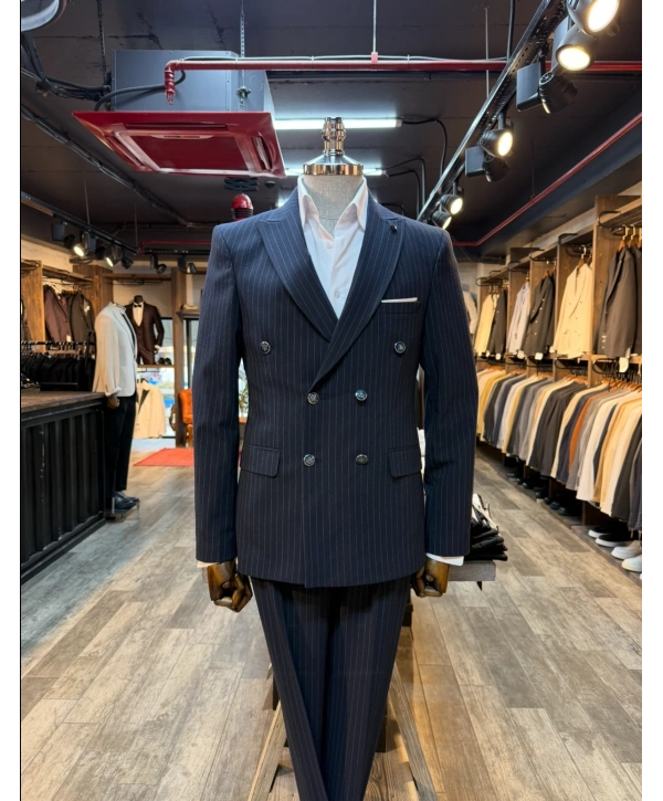 Erkek Dar Kesim Kruvaze Çizgili Takım Elbise - Lacivert