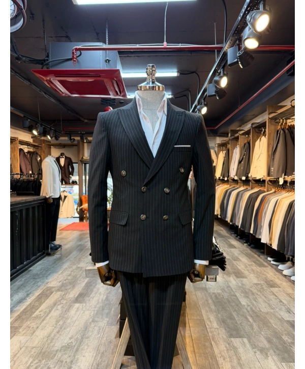 Erkek Dar Kesim Kruvaze Çizgili Takım Elbise - Siyah