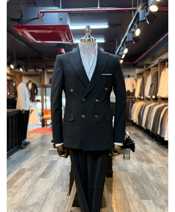 Erkek Dar Kesim Kruvaze Çizgili Takım Elbise - Siyah