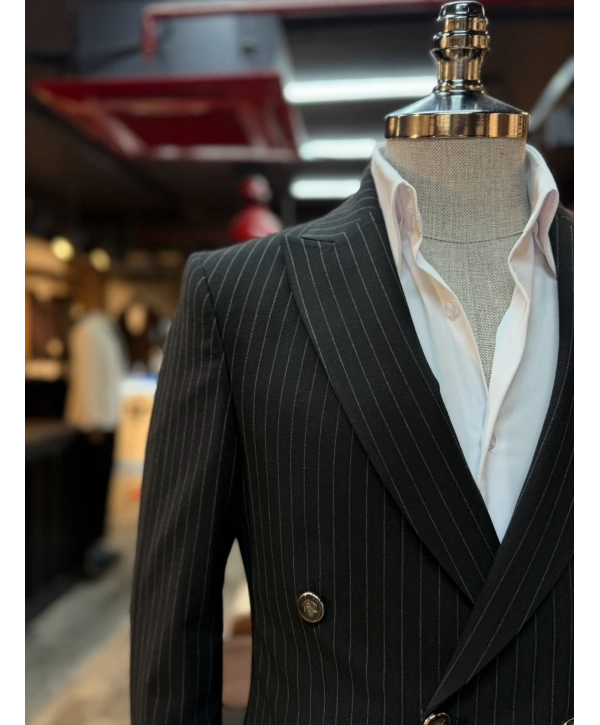 Erkek Dar Kesim Kruvaze Çizgili Takım Elbise - Siyah