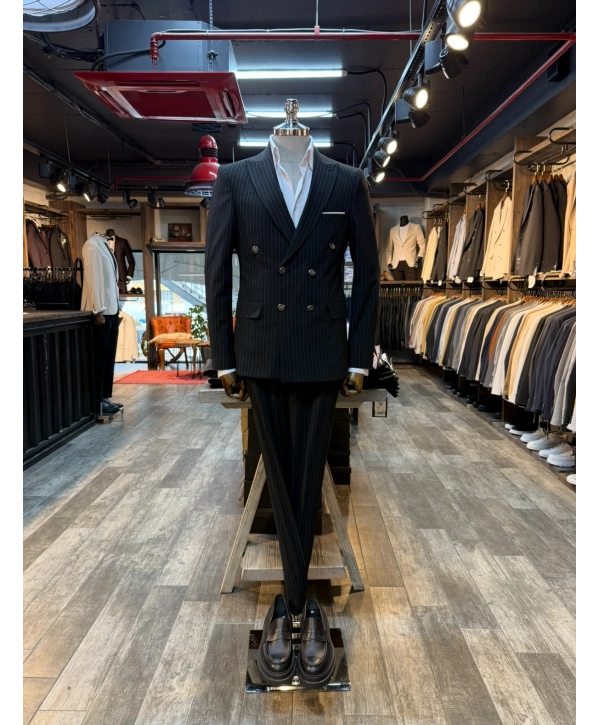 Erkek Dar Kesim Kruvaze Çizgili Takım Elbise - Siyah