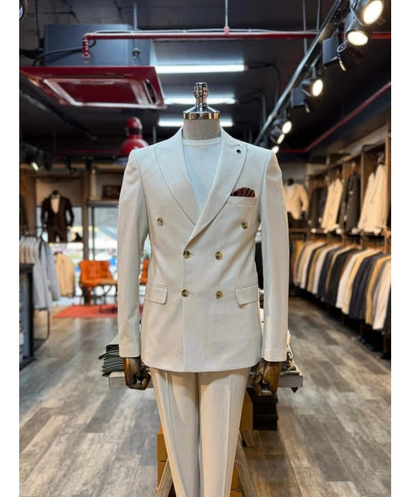 Erkek Dar Kesim Kruvaze Kendinden Çizgili Takım Elbise -Krem