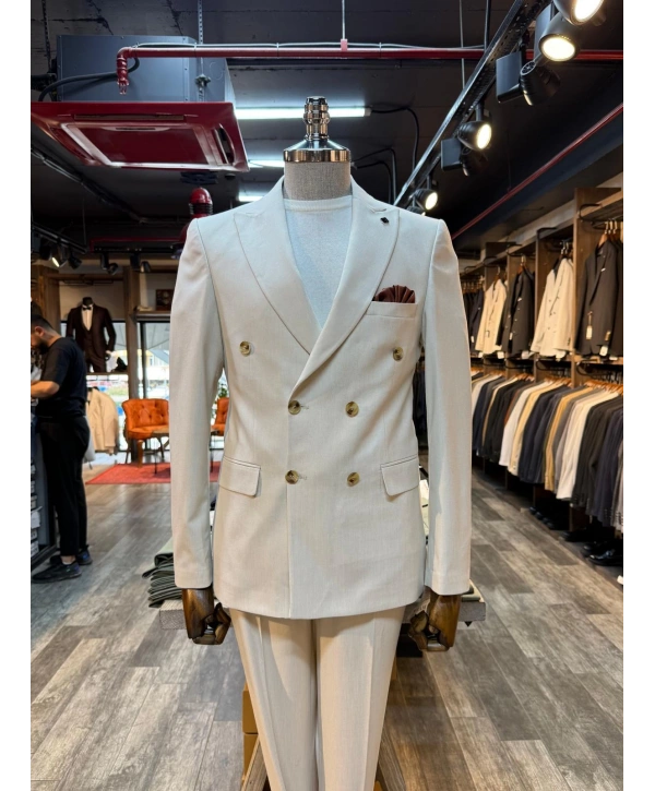 Erkek Dar Kesim Kruvaze Kendinden Çizgili Takım Elbise -Krem