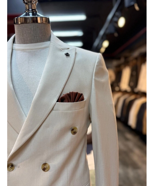 Erkek Dar Kesim Kruvaze Kendinden Çizgili Takım Elbise -Krem