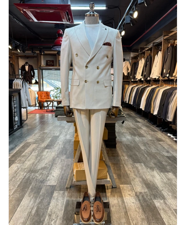 Erkek Dar Kesim Kruvaze Kendinden Çizgili Takım Elbise -Krem