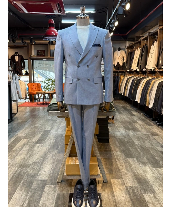 Erkek Dar Kesim Kruvaze Kendinden Çizgili Takım Elbise -Mavi