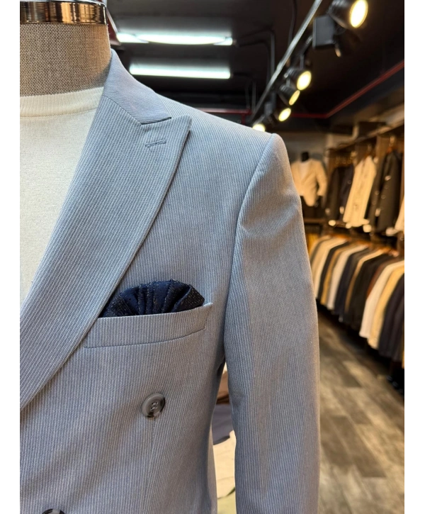 Erkek Dar Kesim Kruvaze Kendinden Çizgili Takım Elbise -Mavi