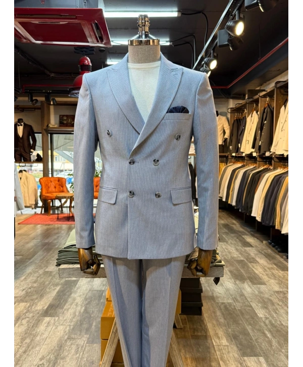 Erkek Dar Kesim Kruvaze Kendinden Çizgili Takım Elbise -Mavi