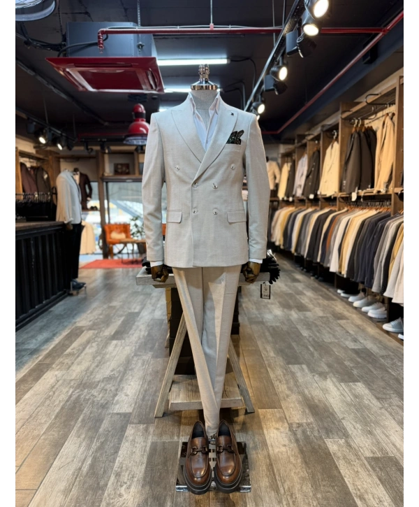 Erkek Dar Kesim Kruvaze Keten Takım Elbise - Krem