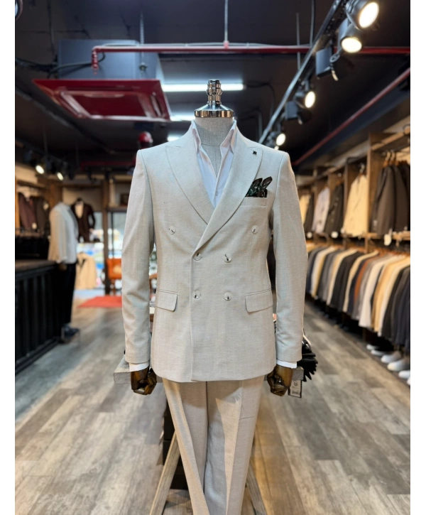 Erkek Dar Kesim Kruvaze Keten Takım Elbise - Krem