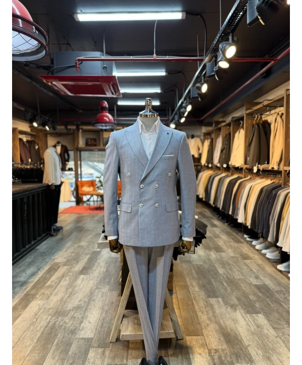 Erkek Dar Kesim Kruvaze Keten Takım Elbise - Lacivert