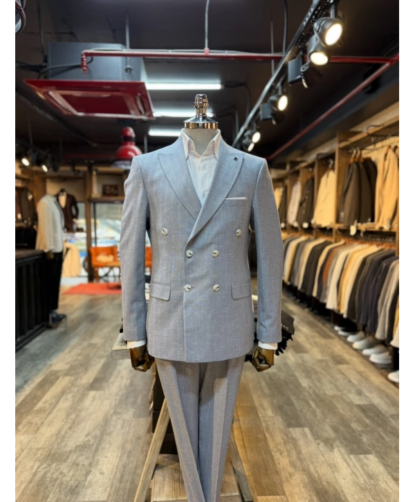 Erkek Dar Kesim Kruvaze Keten Takım Elbise - Lacivert