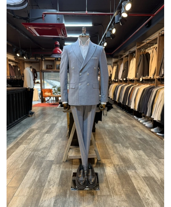 Erkek Dar Kesim Kruvaze Keten Takım Elbise - Lacivert