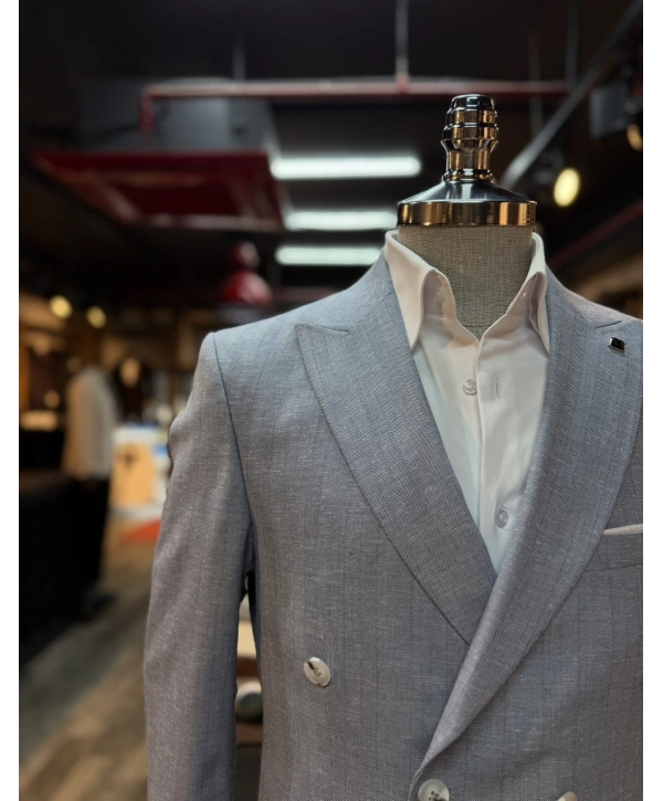 Erkek Dar Kesim Kruvaze Keten Takım Elbise - Lacivert