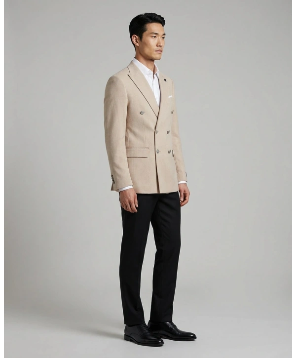 Erkek Dar Kesim Kruvaze Tek Ceket -Krem