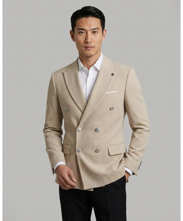 Erkek Dar Kesim Kruvaze Tek Ceket -Krem