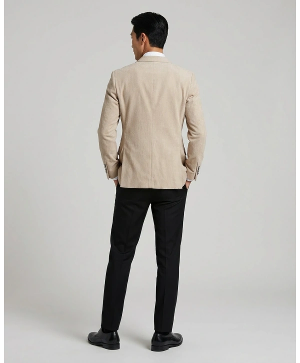 Erkek Dar Kesim Kruvaze Tek Ceket -Krem