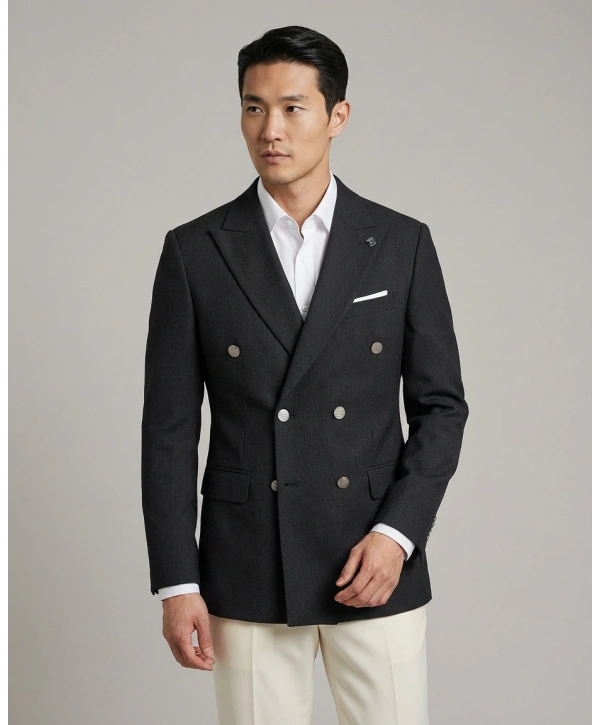 Erkek Dar Kesim Kruvaze Tek Ceket -Siyah