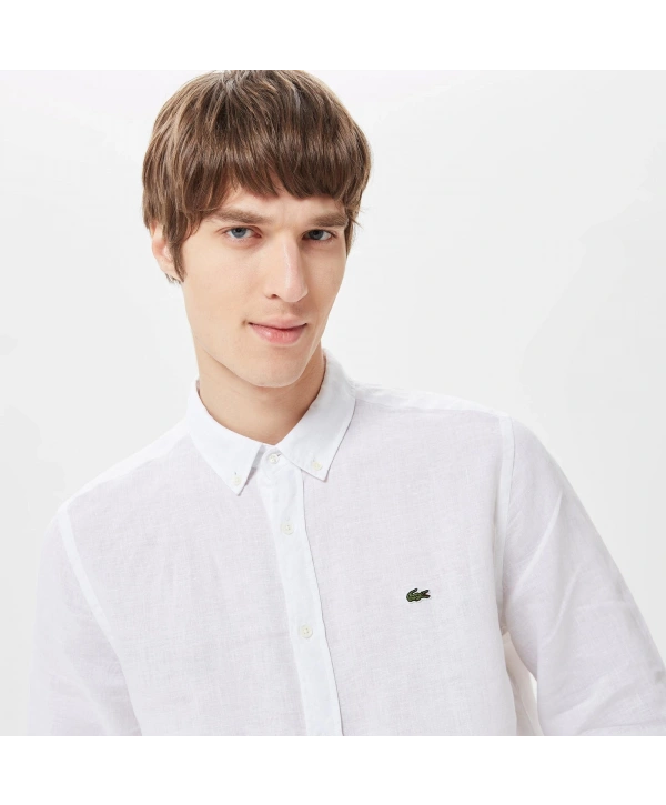 Erkek Dar Kesim Lacoste Keten Gömlek - Beyaz