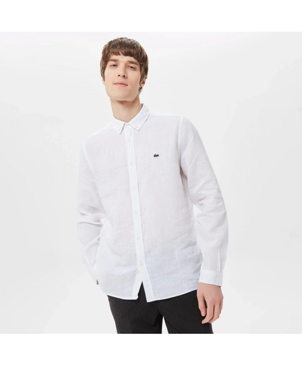 Erkek Dar Kesim Lacoste Keten Gömlek - Beyaz