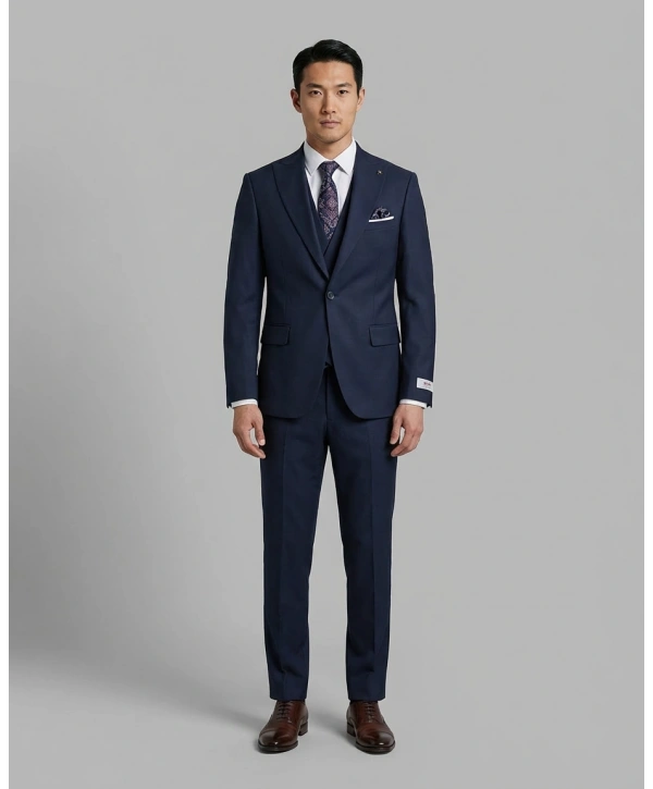 Erkek Dar Kesim Likrakı Yelekli Takım Elbise-Lacivert
