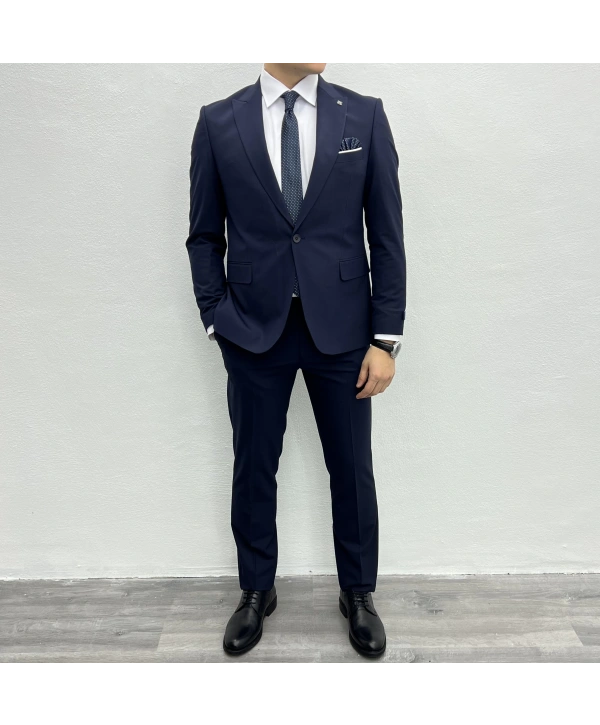 Erkek Dar Kesim Likrakı Yelekli Takım Elbise-Lacivert