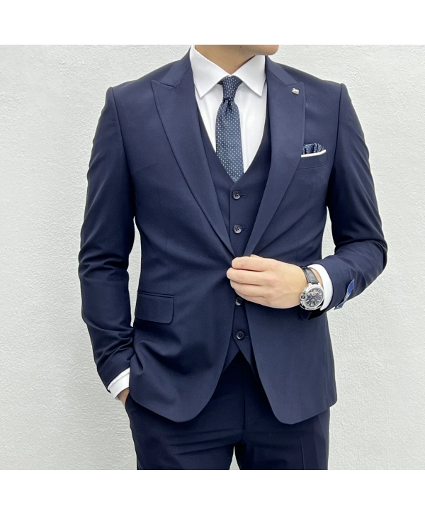 Erkek Dar Kesim Likrakı Yelekli Takım Elbise-Lacivert