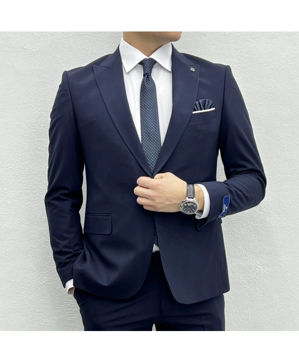 Erkek Dar Kesim Likrakı Yelekli Takım Elbise-Lacivert