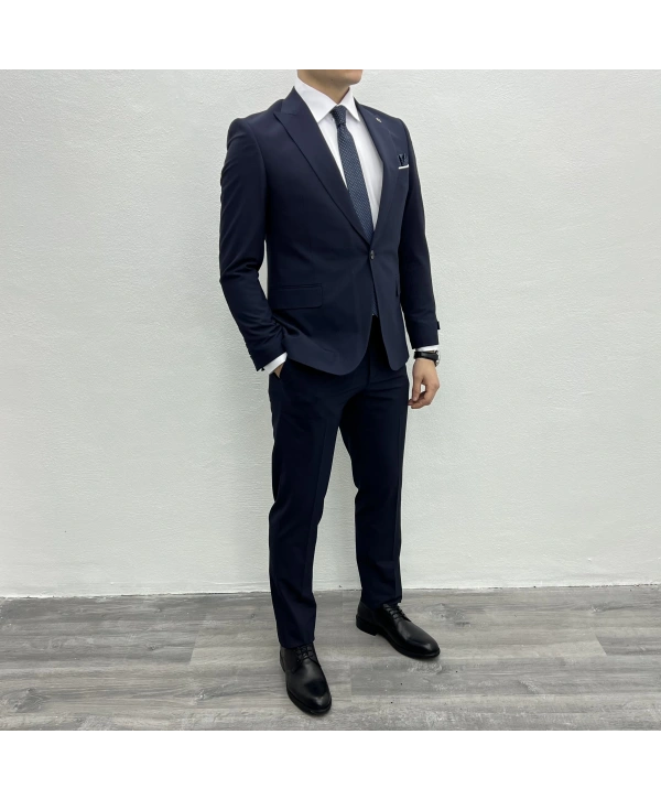 Erkek Dar Kesim Likrakı Yelekli Takım Elbise-Lacivert