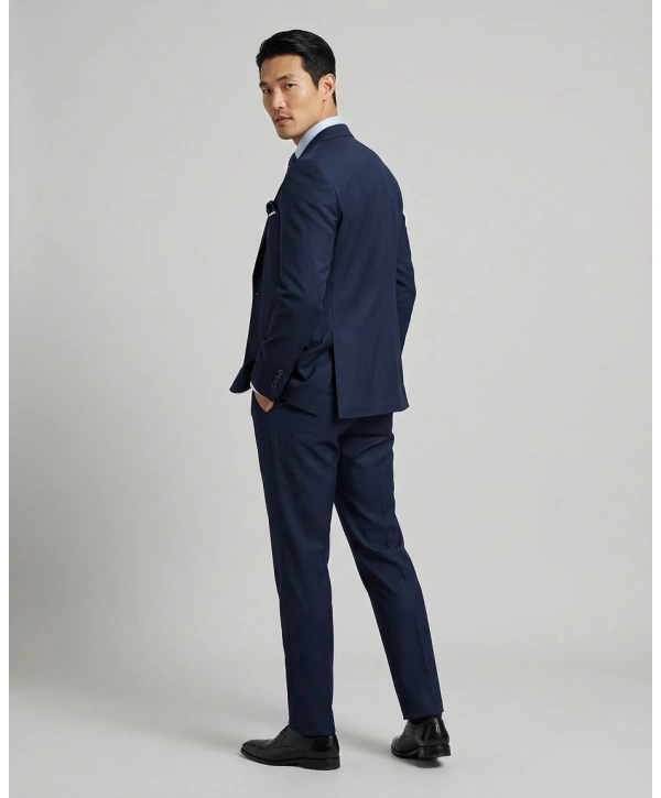 Erkek Dar Kesim Likrakı Yelekli Takım Elbise-Lacivert