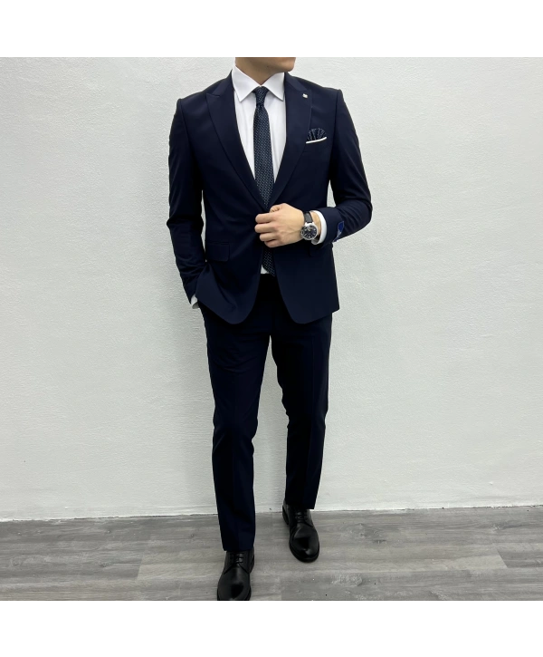 Erkek Dar Kesim Likrakı Yelekli Takım Elbise-Lacivert