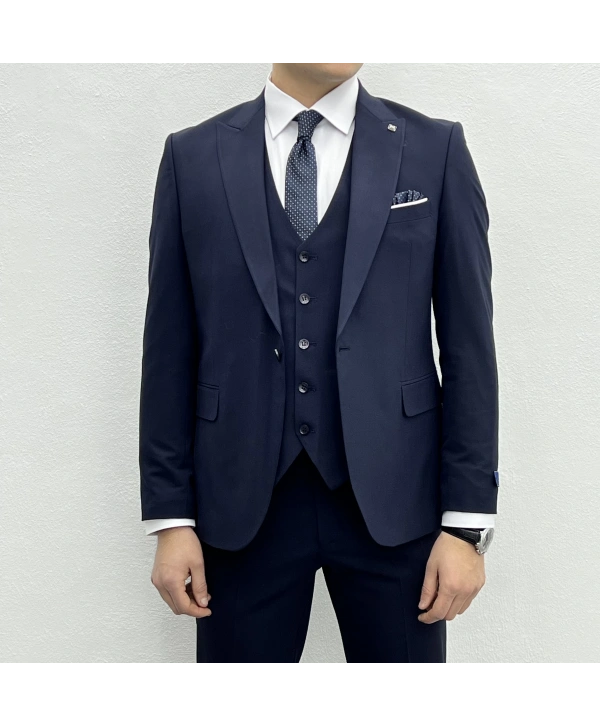 Erkek Dar Kesim Likrakı Yelekli Takım Elbise-Lacivert