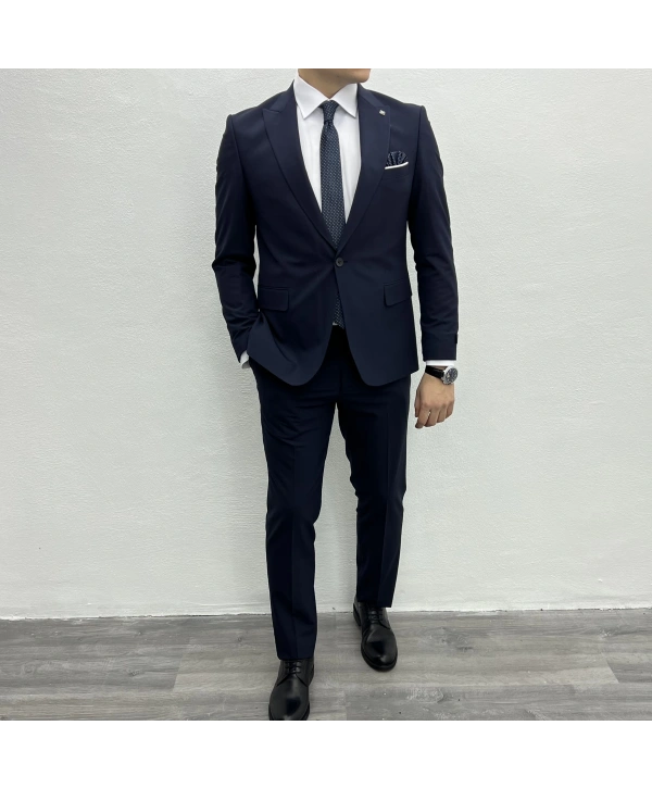 Erkek Dar Kesim Likrakı Yelekli Takım Elbise-Lacivert