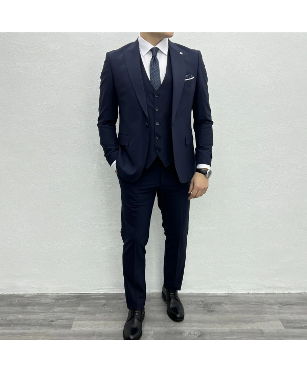 Erkek Dar Kesim Likrakı Yelekli Takım Elbise-Lacivert