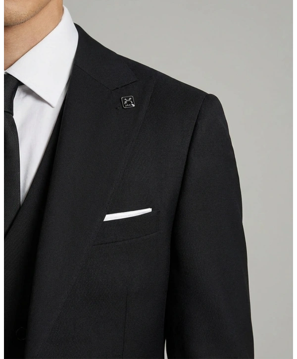 Erkek Dar Kesim Likrakı Yelekli Takım Elbise-Siyah
