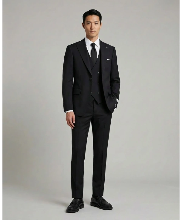 Erkek Dar Kesim Likrakı Yelekli Takım Elbise-Siyah