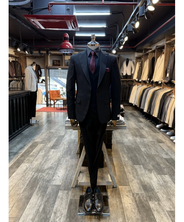 Erkek Dar Kesim Likrakı Yelekli Takım Elbise-Siyah