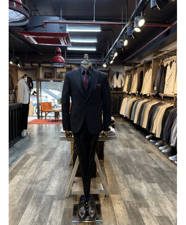 Erkek Dar Kesim Likrakı Yelekli Takım Elbise-Siyah